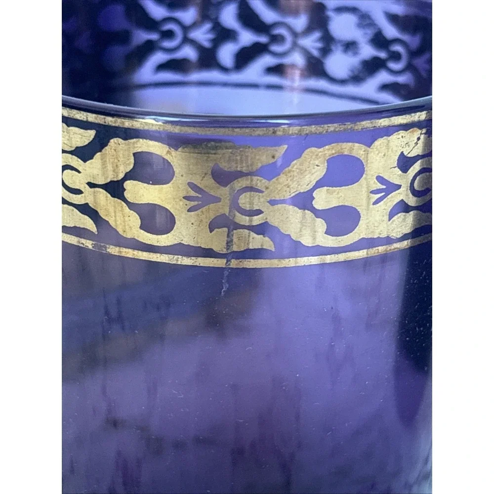 4- Amethyst Glass Tumblers with Gold Scroll Band Moroccan Boho Barware Pier 1